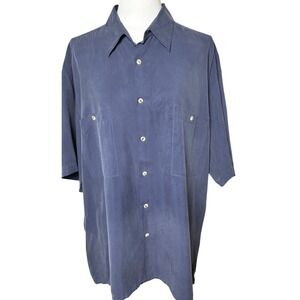 Burma Bibas Silk Camp Shirt Mens Blue Short Sleeve Button Front Minimalist L